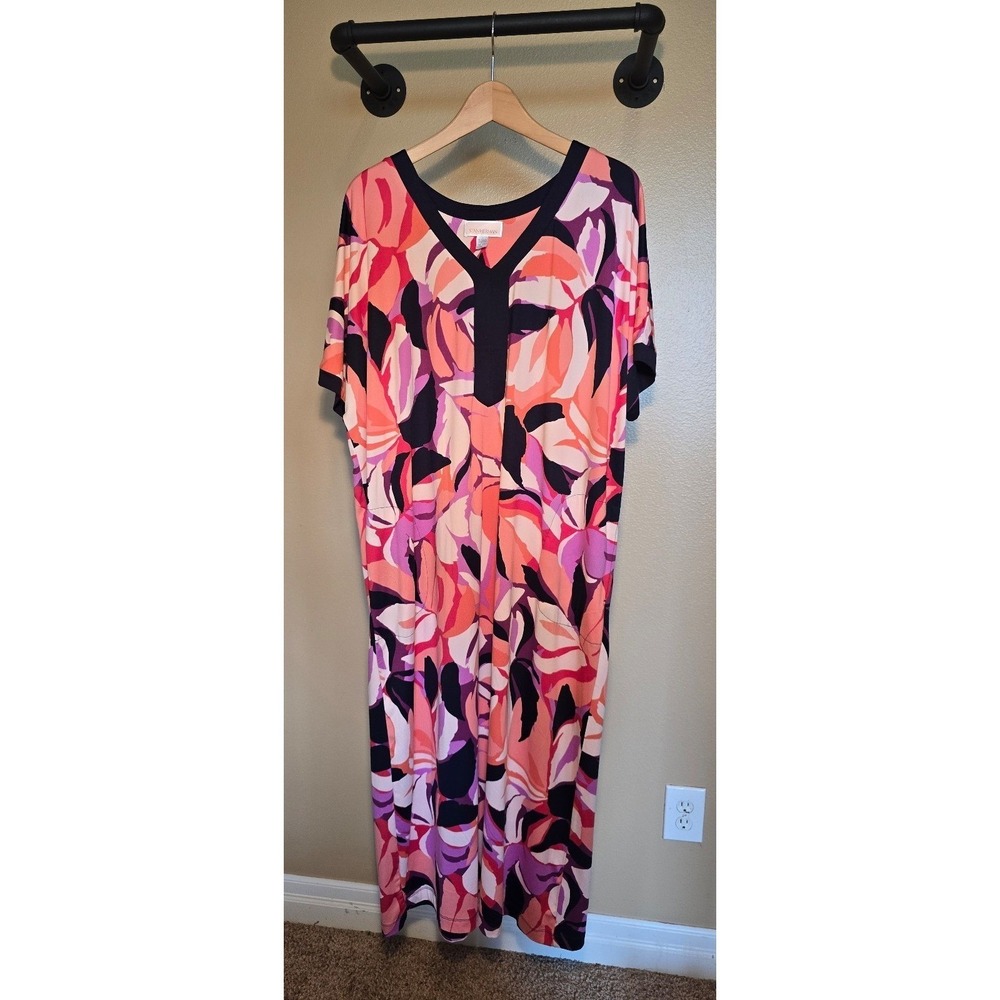Stan Herman Palm Paradise Peached Jersey Caftan pullover dress